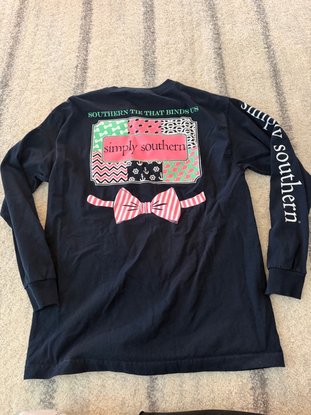 Simply Southern Navy Long Sleeve Tee with Pink Striped Bow & Green Accents